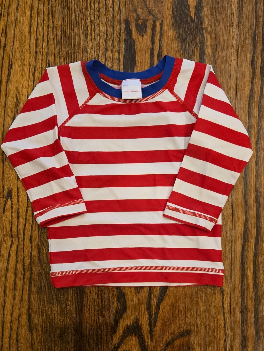 Hanna Andersson Red + White Striped Long-Sleeve Rashguard with Blue Trim 18-24mo